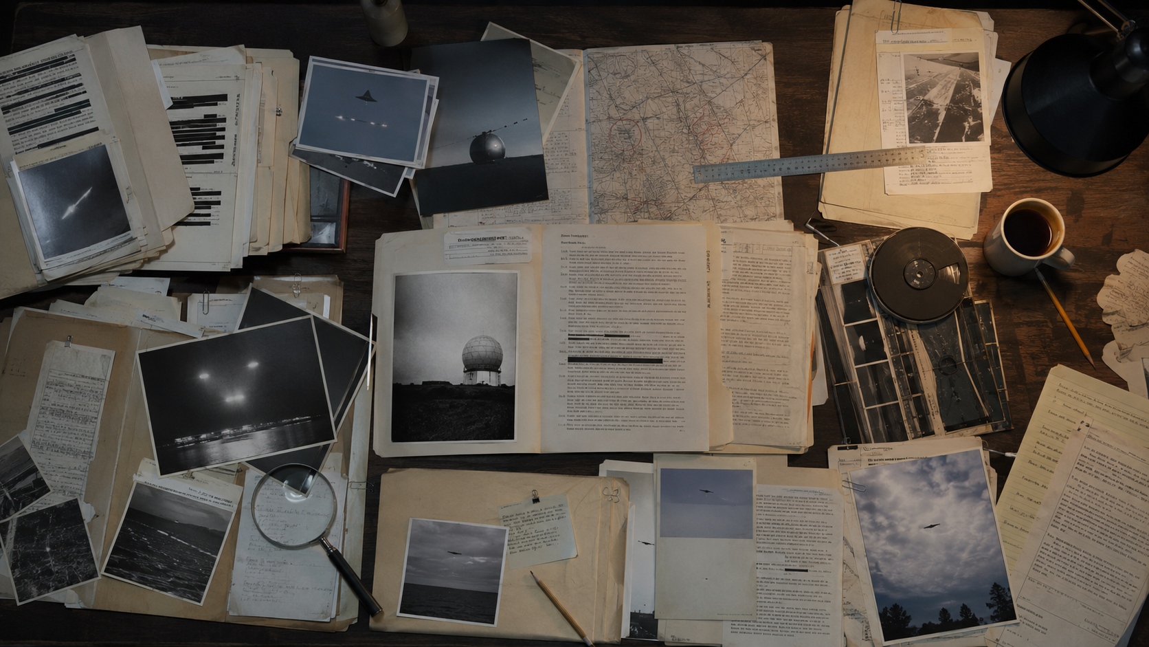 Recreación cenital de una mesa cubierta con expedientes y fotografías de ovnis