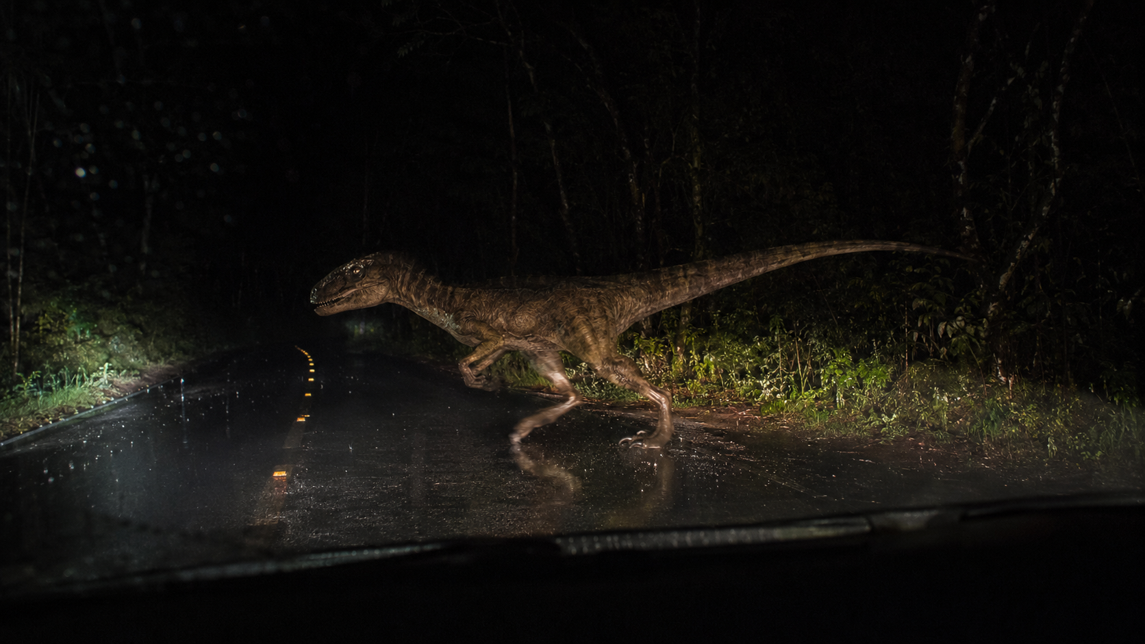 Recreación de un pequeño dinosaurio cruzando una carretera selvática durante la noche